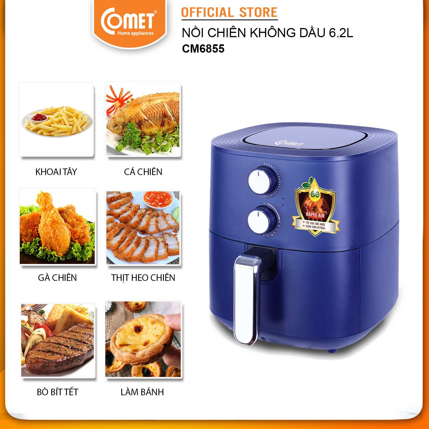 Nồi chiên không dầu 6L COMET - CM6855 - Hàng Chính Hãng