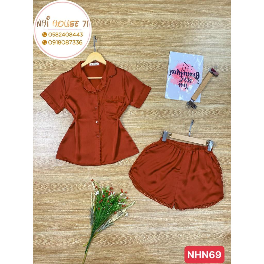 Bộ Mặc Nhà Nữ NHIHOUSE71 Pijama Lụa Satin Quần Ngắn Tay Ngắn Trơn Viền Ren Freesize 45-55kg