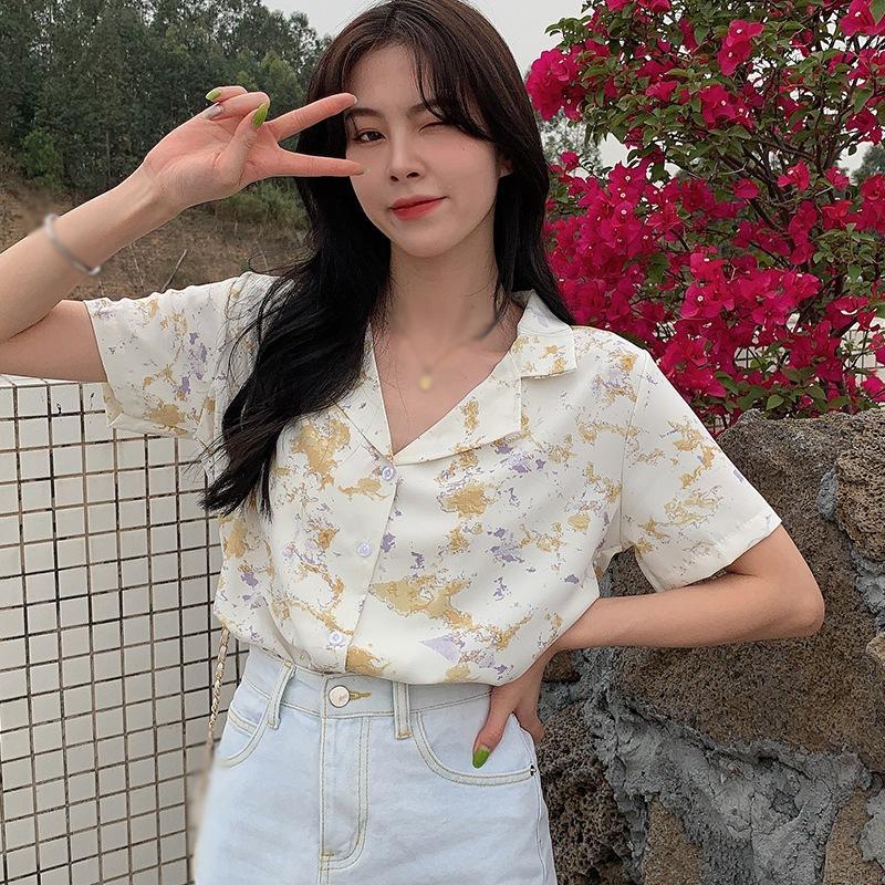 Áo Chiffon Tay Ngắn Dáng Rộng Họa Tiết In Thời Trang Cho Nữ