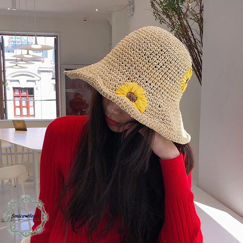 Nón cói mềm thêu hoa hướng dương đi biển đi du lịch/ mũ cói nữ vành rộng che nắng mùa hè có thể gấp gọn có dây điều chỉnh size - Smice House