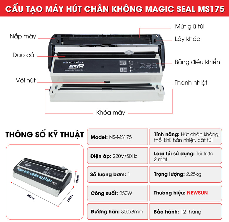 Máy hút chân không mini NEWSUN MS175 thổi khí hàn miệng túi và cắt túi đa năng - Hàng chính hãng