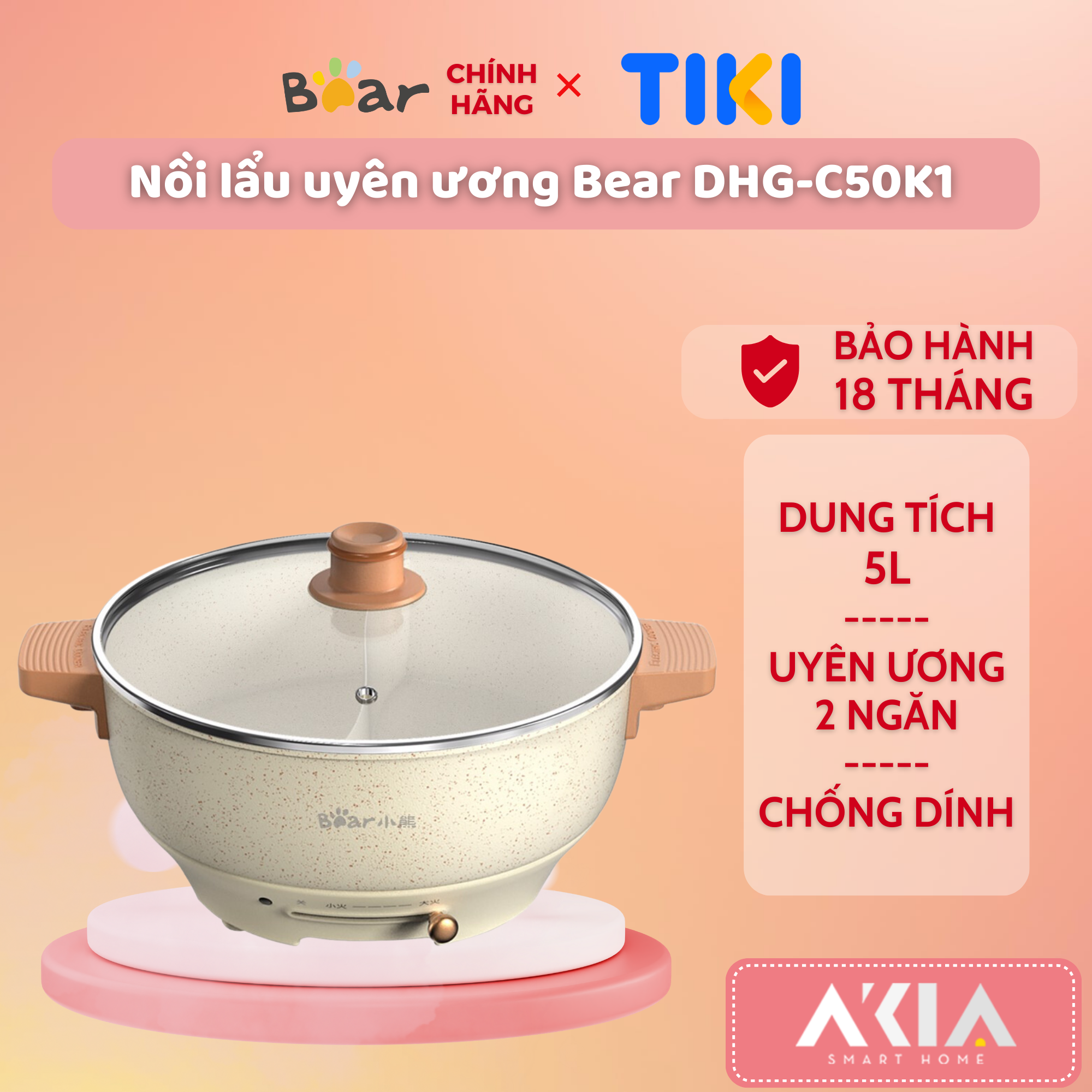 Nồi lẩu điện 2 ngăn uyên ương Bear DHG-C50K1, dung tích 5L, lòng nồi chống dính - HÀNG CHÍNH HÃNG