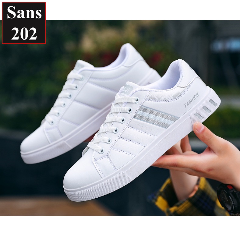 Giày thể thao sneaker nam Sans202 trắng sọc bạc