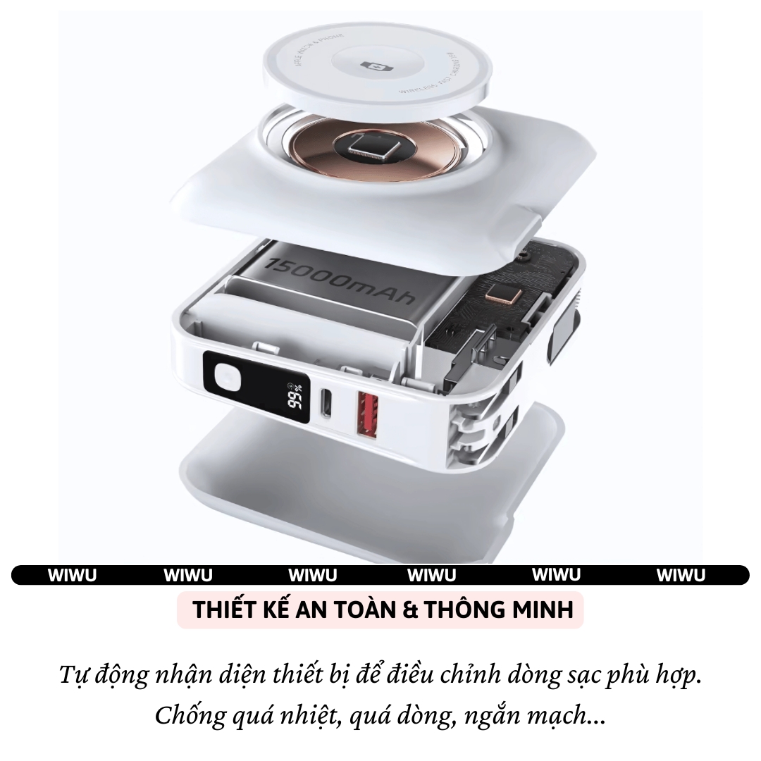 Pin sạc dự phòng kiêm củ sạc nhanh 45W kèm dây sạc Type-C / L (iP/iPad) và Sạc Không Dây từ tính Magnetic, Pin 15000mAh, Jack cắm EU/UK hiệu WIWU 6 in 1 All-Round - Hỗ trợ sạc cho iPhone / iPad / Macbook / Laptop, đạt chuẩn hàng không - hàng nhập khẩu