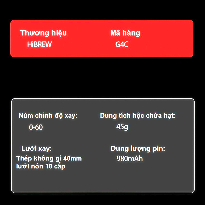 Máy xay hạt cà phê cầm tay chuyên nghiệp 2 trong 1, pin 980mAh, 60 cấp độ xay. Thương hiệu Mỹ cao cấp HiBREW - G4C