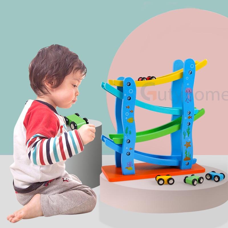 Đồ Chơi Gỗ Xe Cầu Trượt 4 Tầng Kèm 4 Xe Cho Bé - Xe Cầu Trượt Ziczac, Đường Đua Cầu Trượt Quán Tính