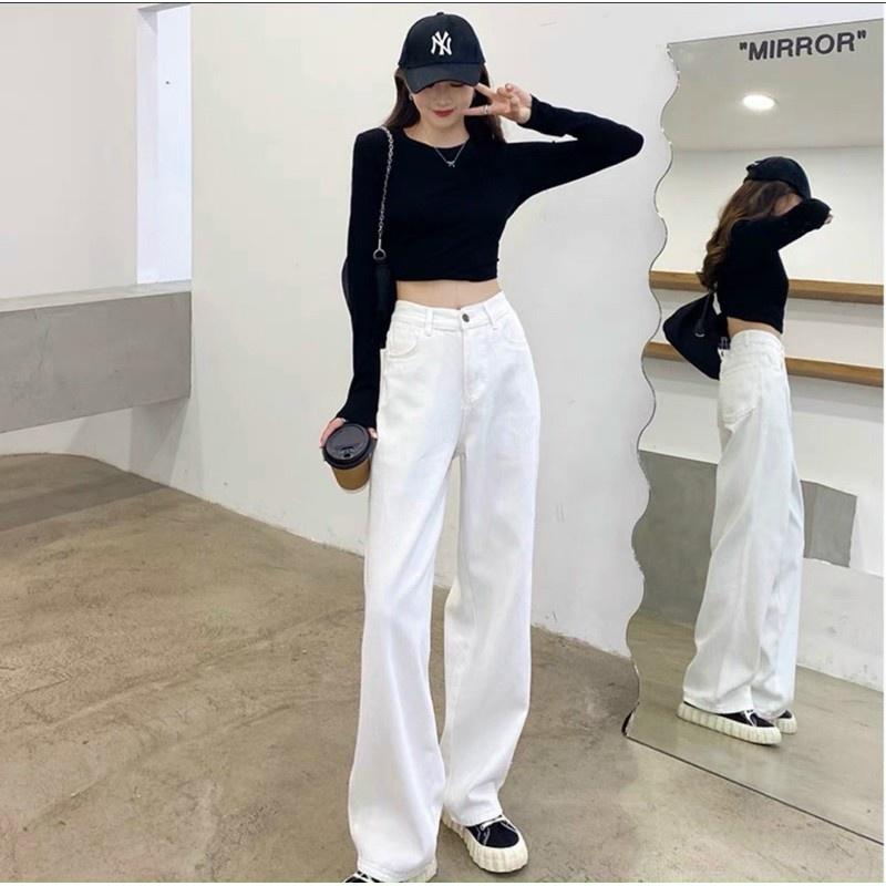 Quần Jean Ống Rộng Lưng Cao Trơn ThunderUnisex Quần Bò Ống Suông Nữ Phong Cách Ulzzang Hàn Quốc