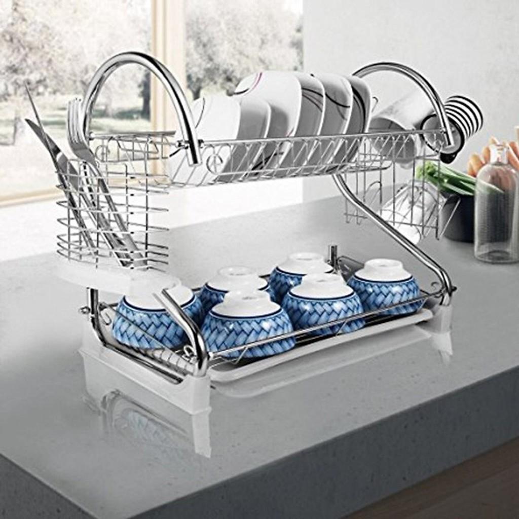 KỆ ÚP BÁT ĐĨA INOX 2 TẦNG CÓ KHAY HỨNG NƯỚC