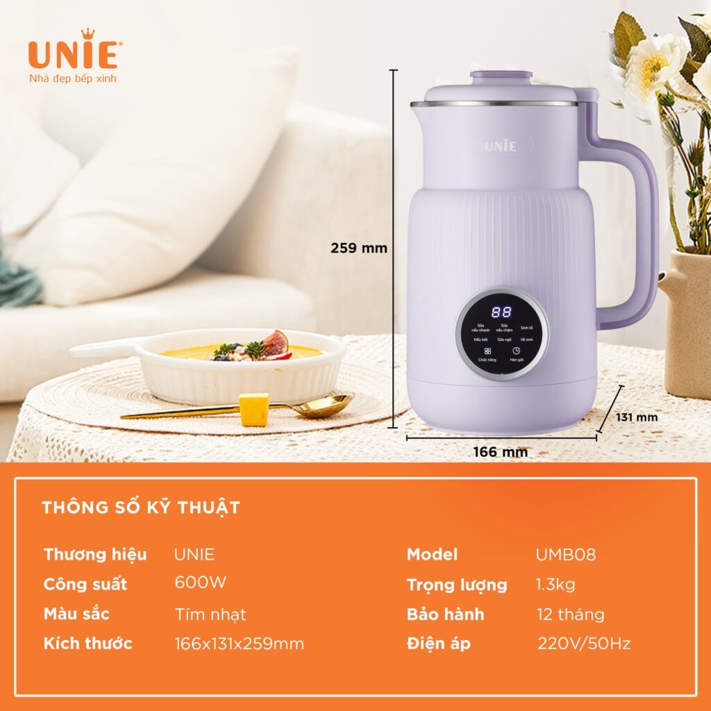 Máy làm sữa hạt đa năng Unie UMB08, Xay nấu 5 chức năng, Hàng chính hãng