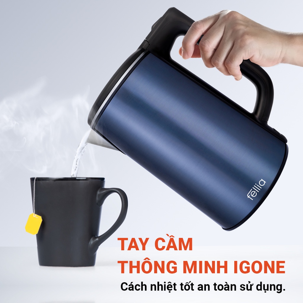 Ấm đun siêu tốc 3 lớp Fellia K161 (1.8 Lít)- ( màu xanh đen) -Hàng Chính Hãng