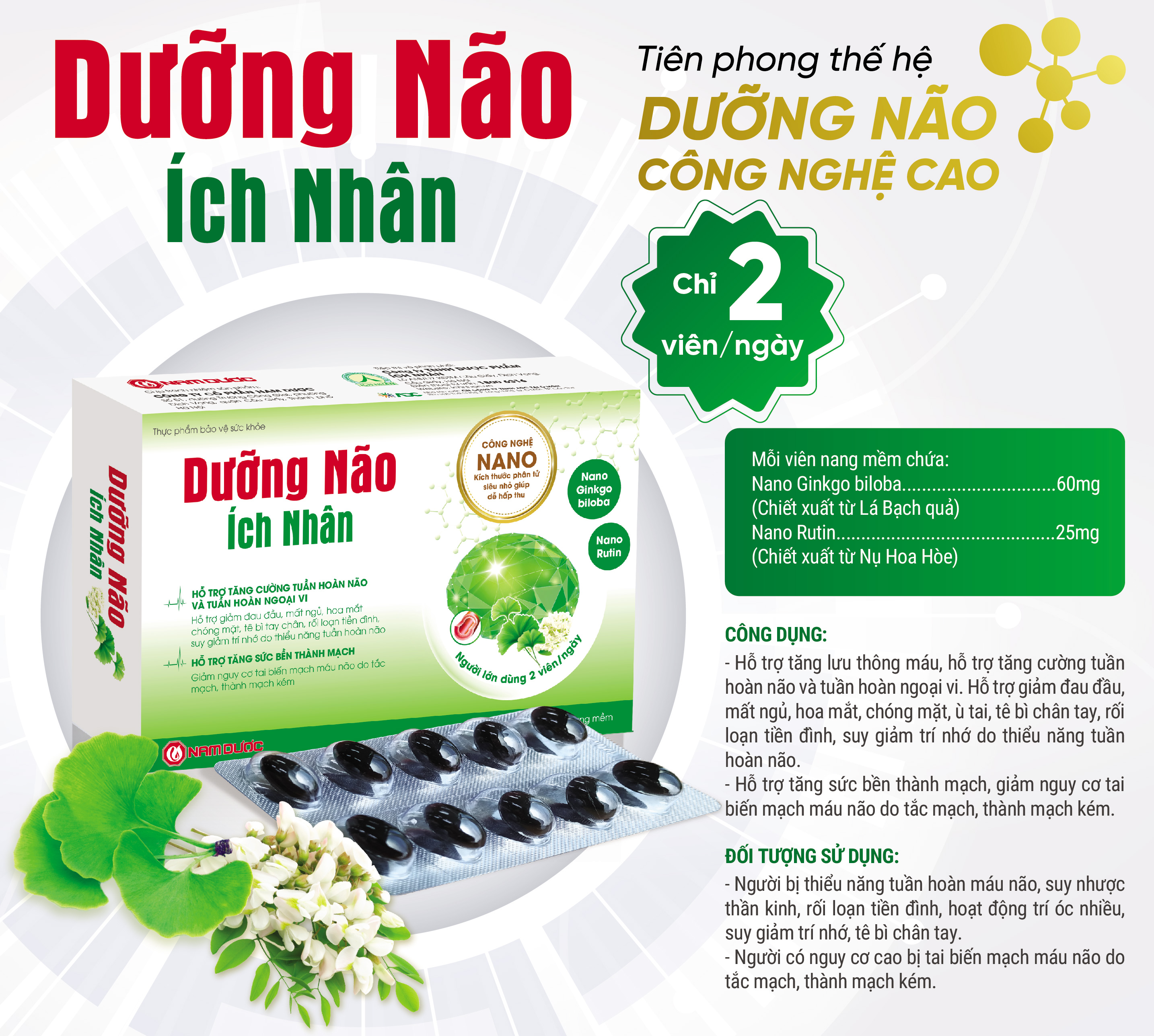 Viên uống Dưỡng Não Ích Nhân thế hệ mới tăng cường lưu thông máu, giảm mất ngủ, tăng tuần hoàn não, rối loạn tiền đình