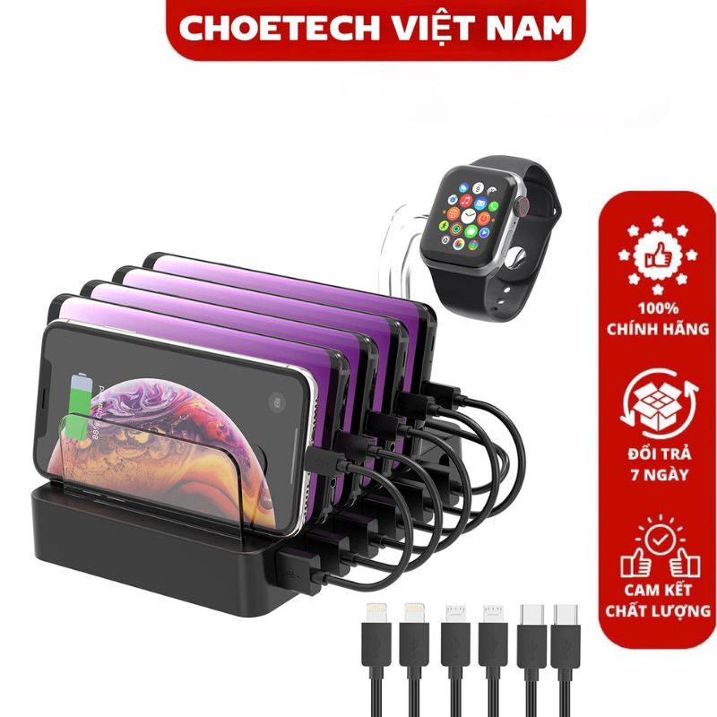 Dock sạc 6 cổng USB tích hợp giá đỡ công suất 68W Choetech Q3008 (Hàng chính hãng)