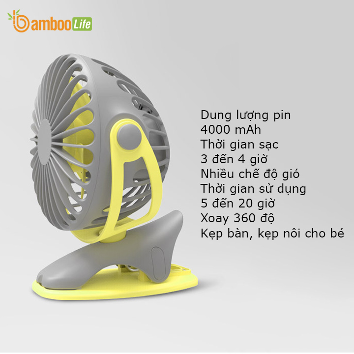 Quạt mini, quạt tích điện để bàn cầm tay Bamboo Life chính hãng dung lượng pin 4000mAh xoay 360 độ sạc pin kẹp nôi kẹp xe đẩy cho bé