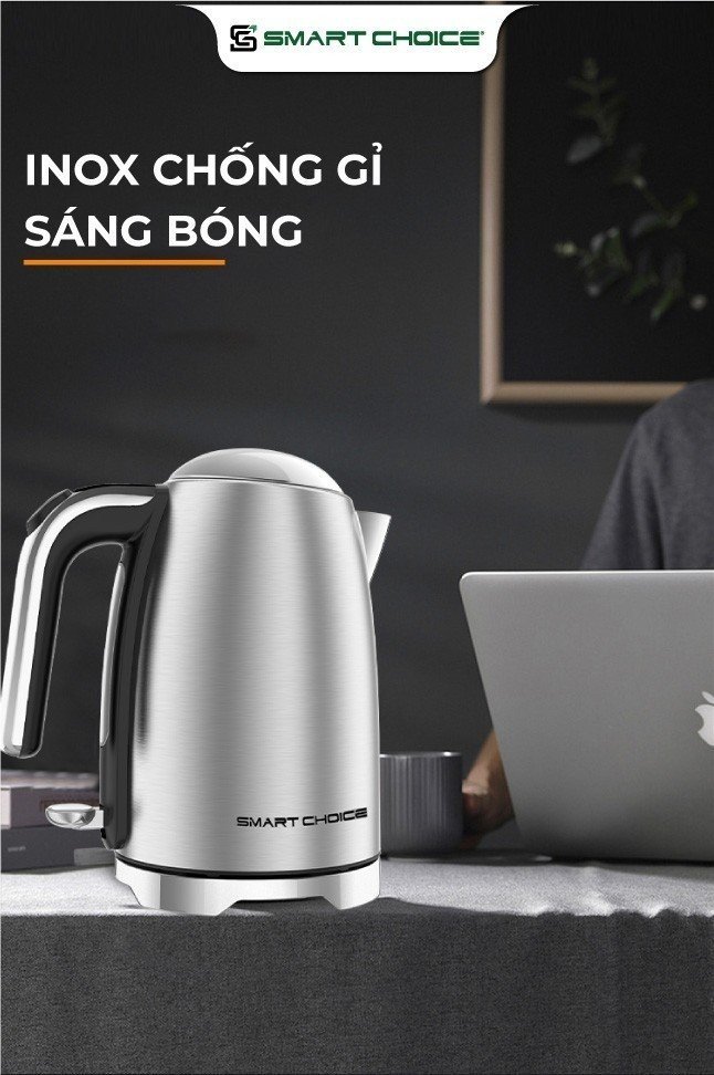 Ấm Siêu Tốc Inox 304 1.7L SMARTCHOICE SCG-K002 Bộ Chỉnh Nhiệt STRIX UK Chịu Nhiệt Tốt, Độ Bền Cao