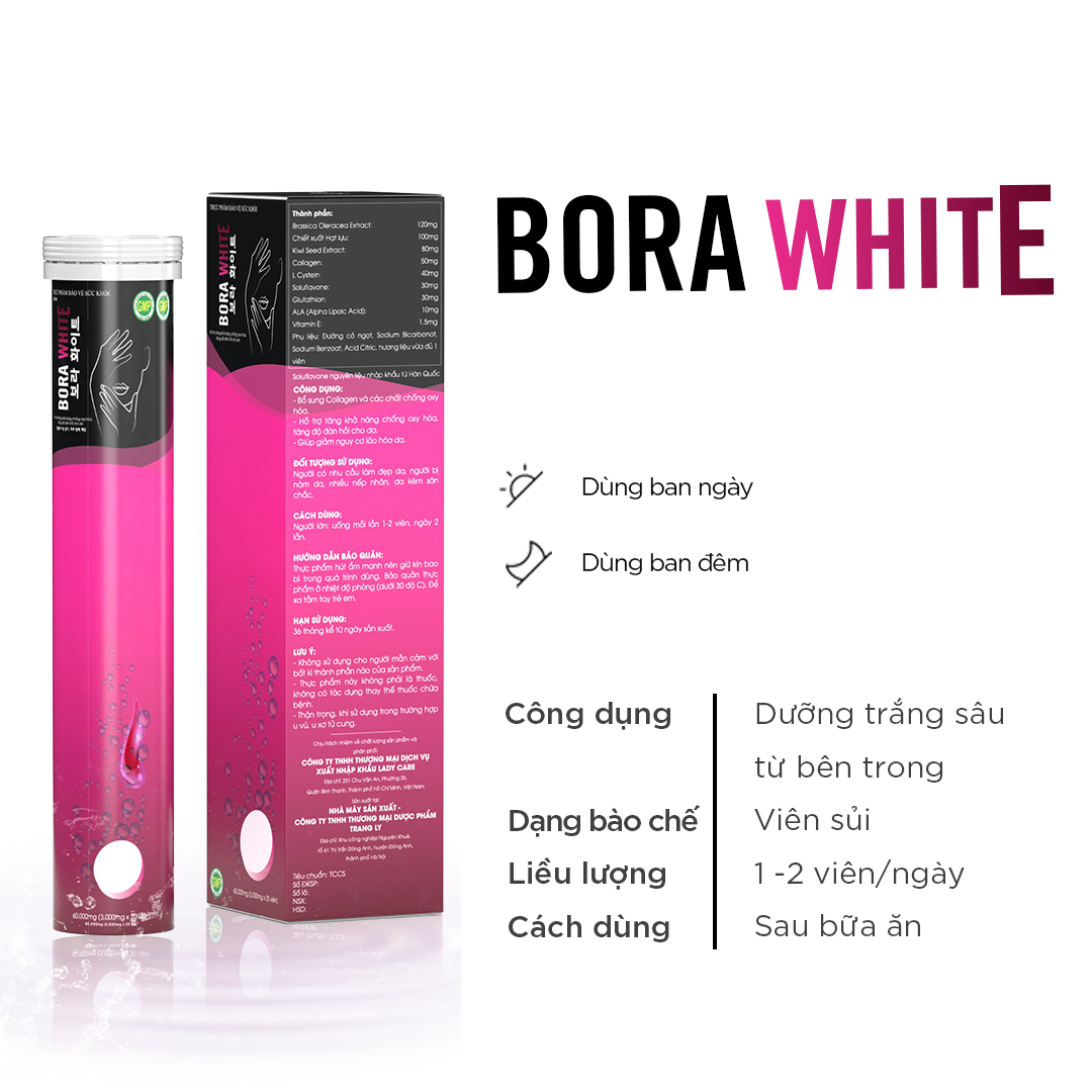 Viên sủi trắng da Bora White lọ 20 viên