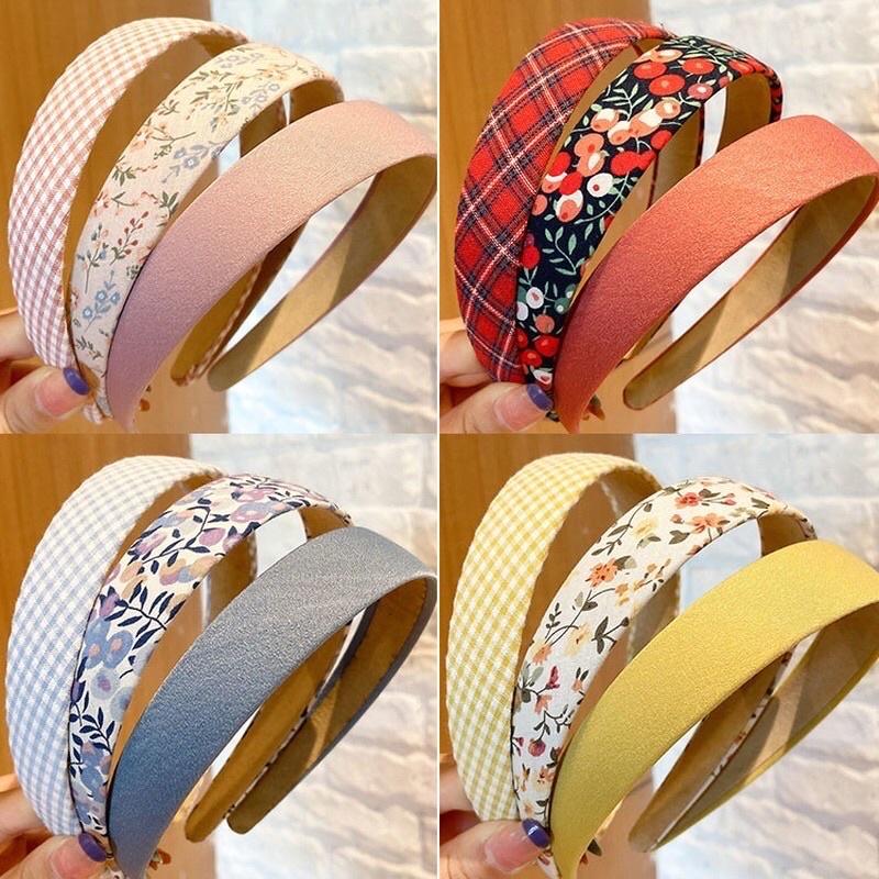 Băng đô cài tóc hoạ tiết hoa/ caro/ màu trơn phong cách Hàn Quốc dễ thương dành cho nữ
