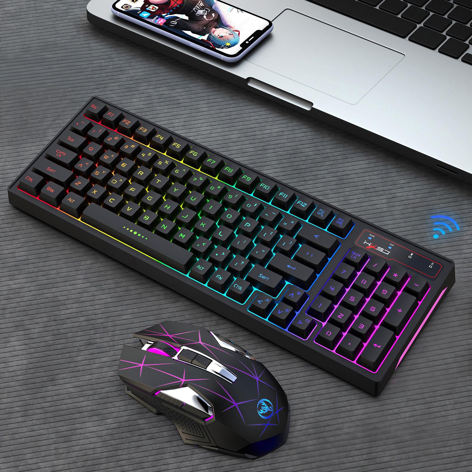 HXSJ 2.4G Wireless Rechargeable Keyboard Mouse Combo 96 Keys RGB Membrane Keyboard Colorful Backlight Gaming Mouse Set