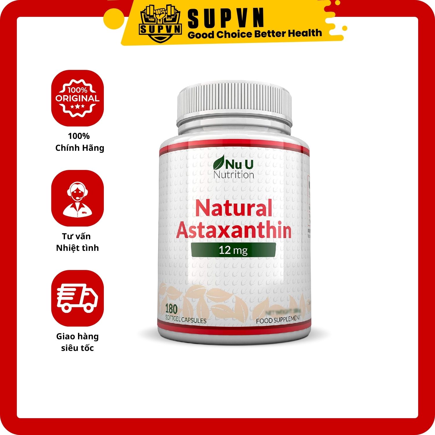 Natural Astaxanthin 12mg Nu U Nutrition (180 Viên) - Không Lo Lão Hóa