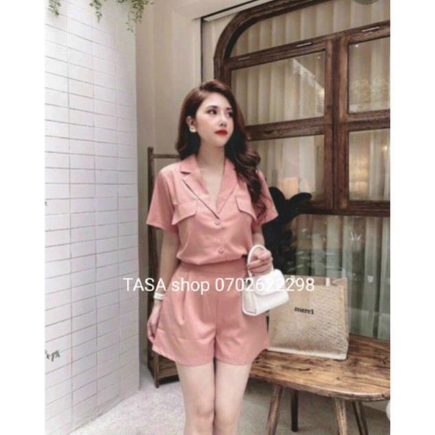 TSL- set bộ vest đùi, áo tay ngắn cổ sơ mi có túi giả kèm quần đùi vải for (nude, đen, hồng) thời trang công sở TASA