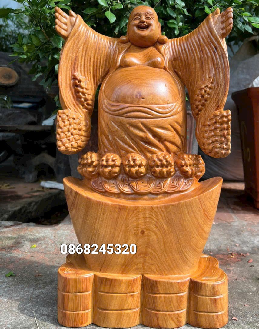 Tượng Phật Di lặc nghênh hỷ bằng gỗ hương đá kt cao 40×22×9cm