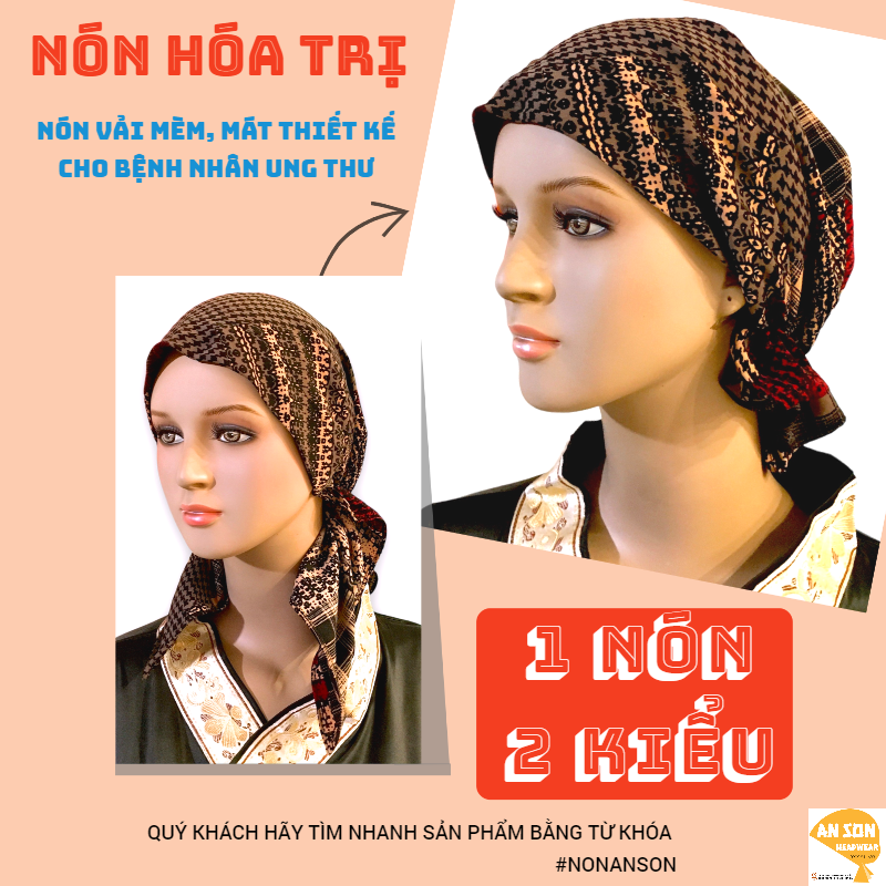 Nón hóa trị vải mềm mát, hút mồ hôi, bệnh nhân ung thư, chemo hat, nón trùm đầu [KIỂUĐUÔI XÒE-MÀU ĐEN HOA MAI]