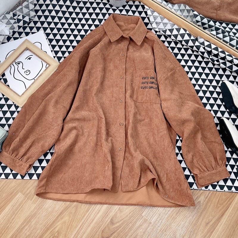 Áo Sơ Mi NHUNG GÂN TĂM THÊU CUTE GIRLS Form rộng Unisex Nam/Nữ Phong Cách Hàn Quốc Ulzzang