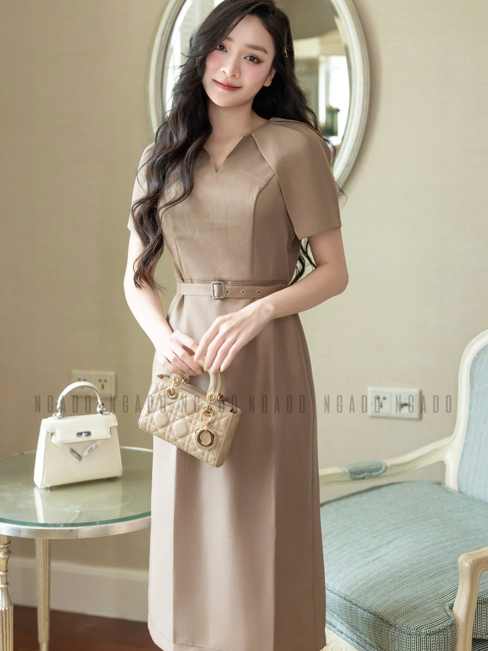 Đầm nâu tay xếp ly NGADO , đầm công sở , đầm dự tiệc