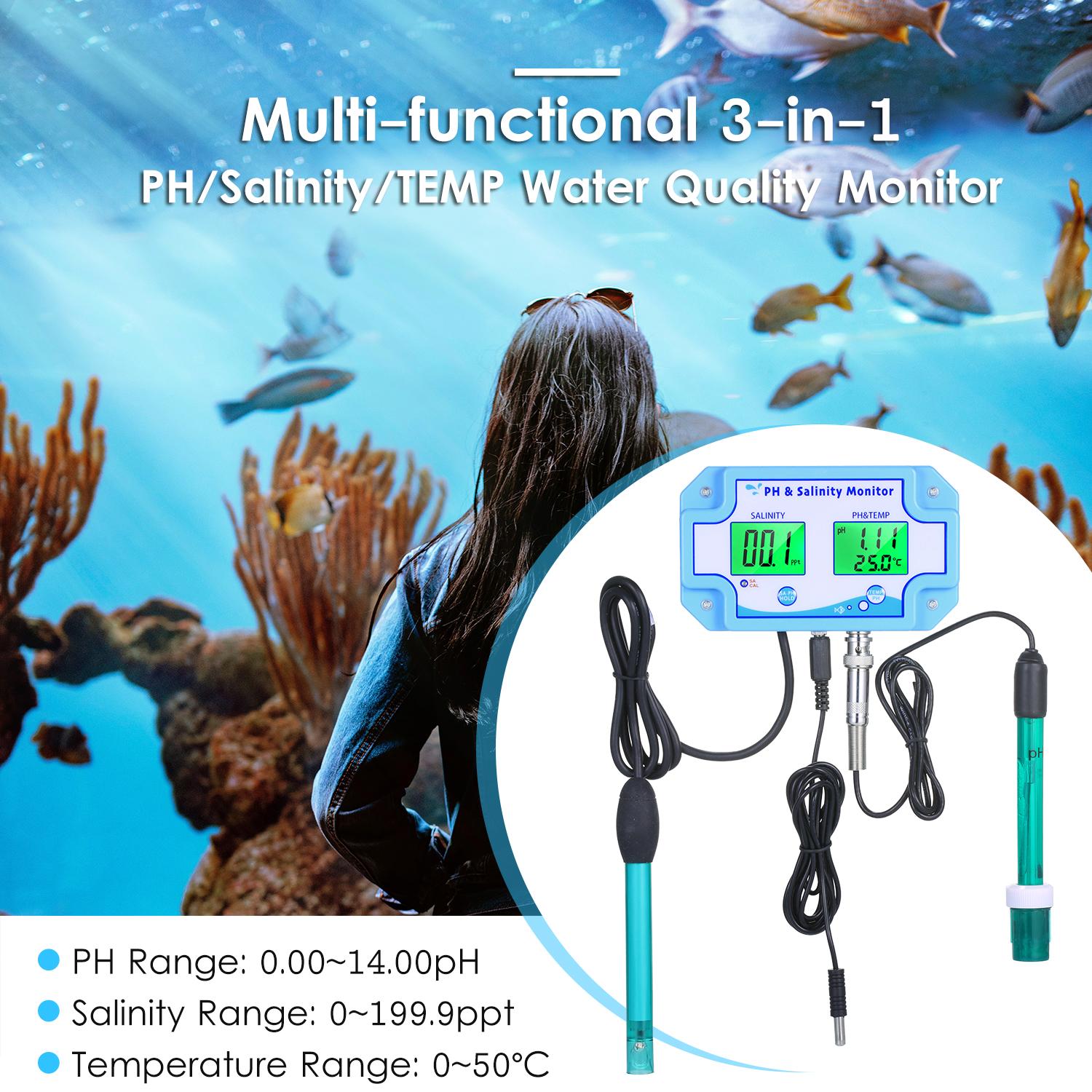 3-in-1 PH/Salinity/TEMP Water Quality Monitor Multi-functional pH & Salinity Monitor Temperature Meter Dual LCD Display