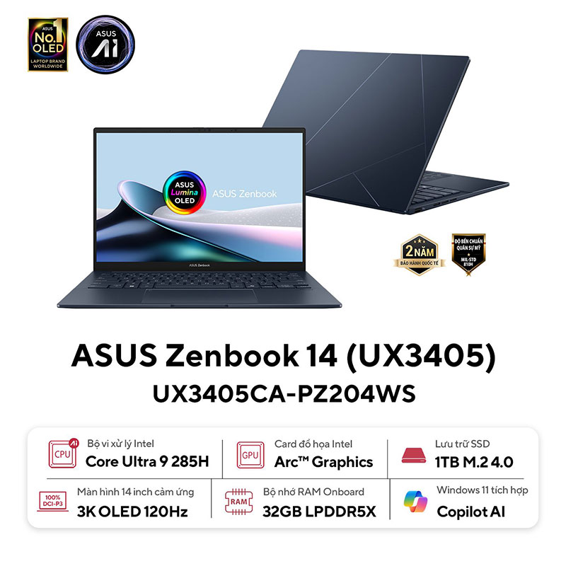 Asus Zenbook 14 UX3405CA-PZ204WS (Intel Core Ultra 9 285H | 32GB | 1TB | Intel Arc | 14 inch 3K OLED | Cảm ứng | Win 11 | Office | Xanh) - HÀNG CHÍNH HÃNG