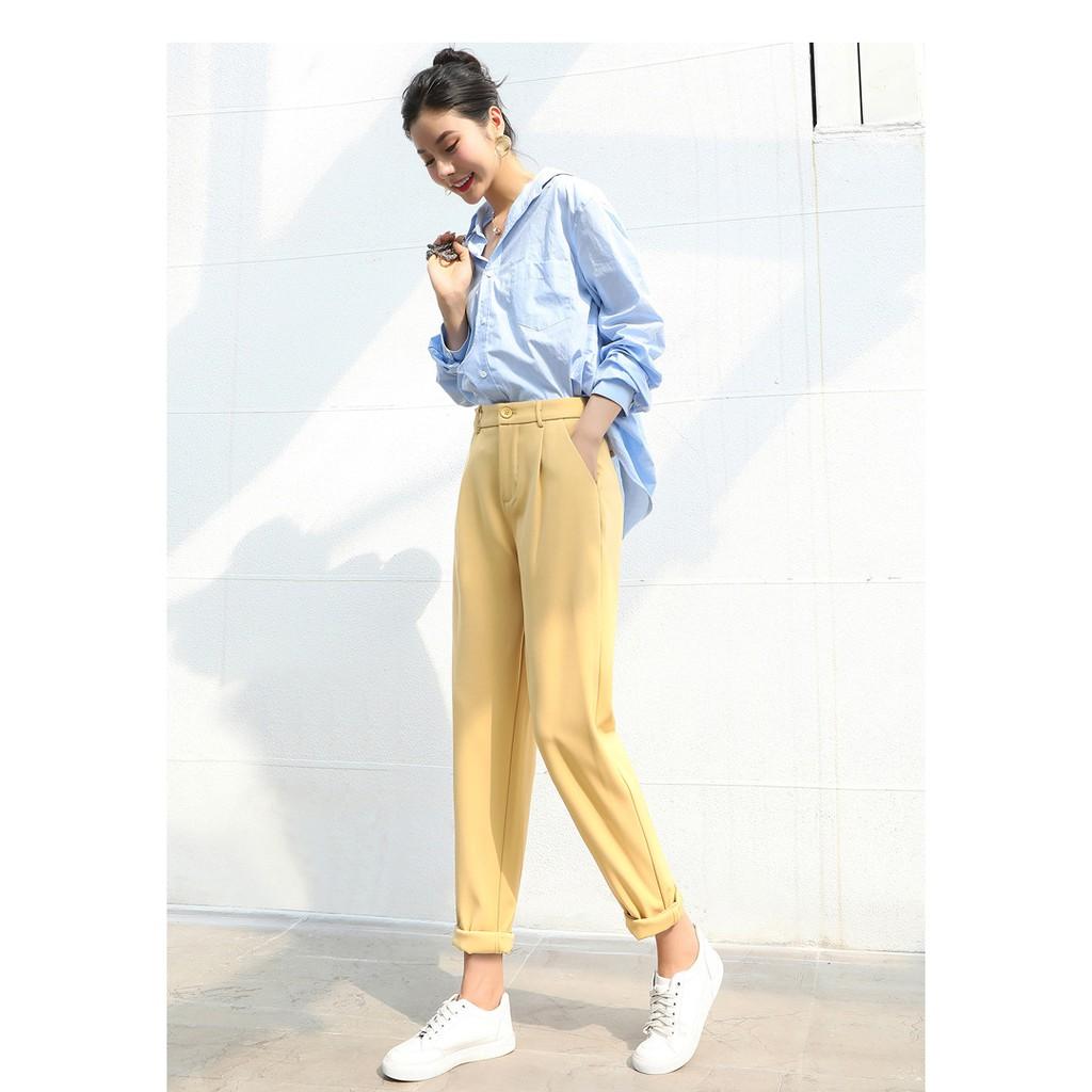 Quần baggy nữ cap cao lưng thun màu kem