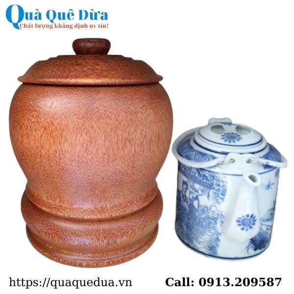 Bình Giữ Ấm Bình Trà Gỗ Dừa Nguyên Khối Và Bình Trà 1000 - 1200ml - Sản Phẩm Được Sản Xuất Tại Bến Tre