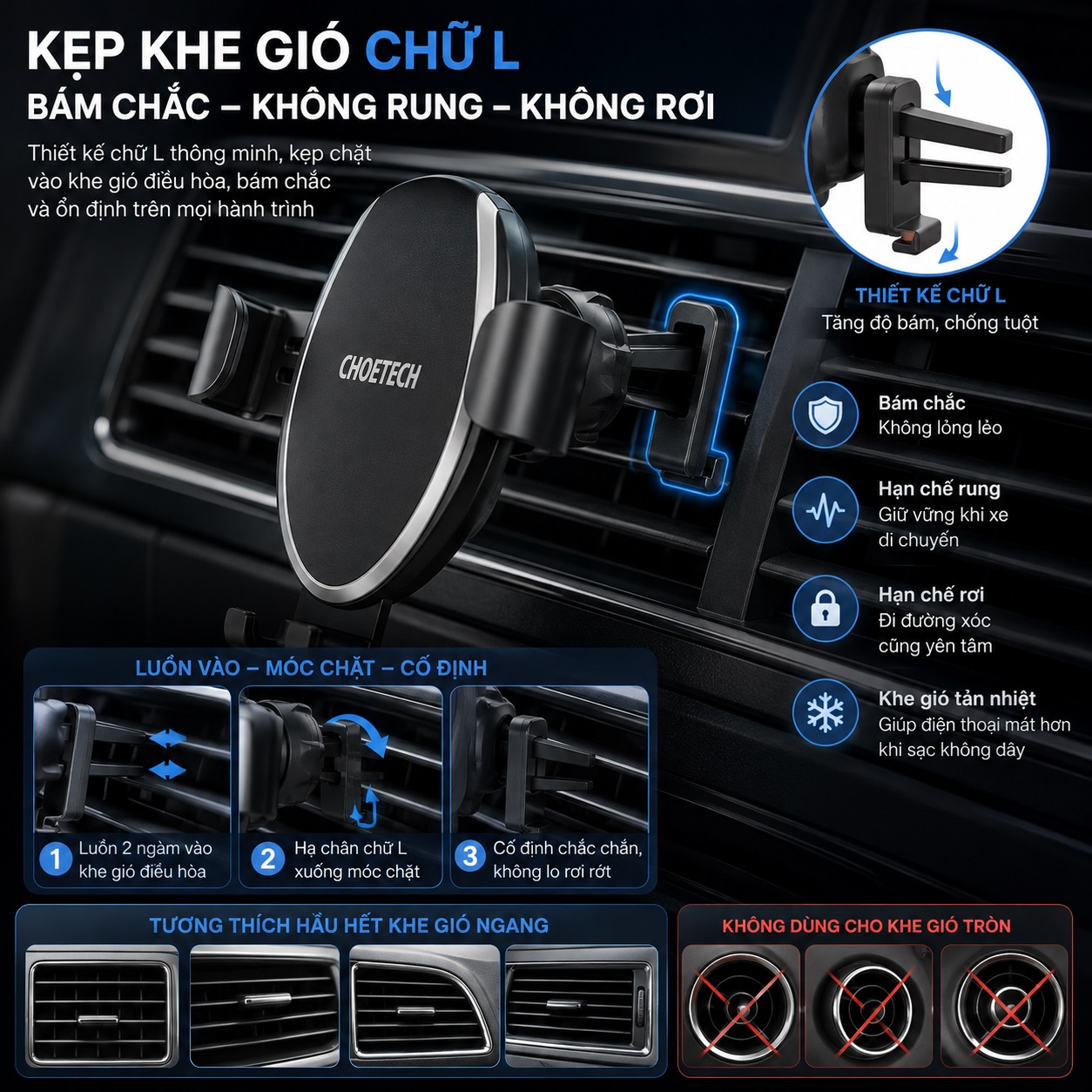 Giá đỡ điện thoại sạc nhanh không dây 2 in 1 gắn chân không + kẹp khe gió Choetech T536 Cho điện thoại / iPhone - Kẹp Trọng Lực Xoay 360 Độ Kẹp Khe Gió Hoặc Dán Taplo - hàng nhập khẩu