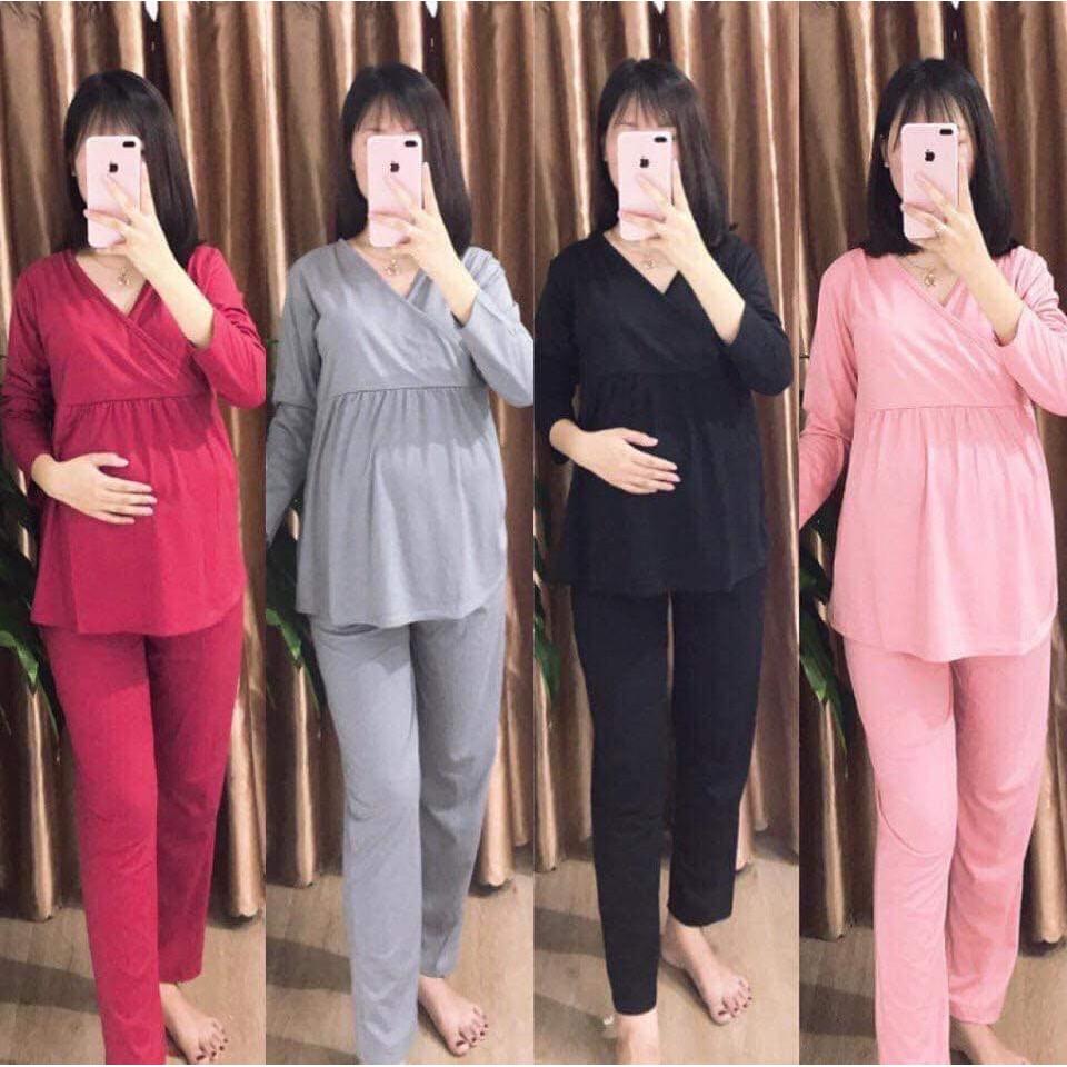 Bộ bầu mặc bầu và sau sinh thun cotton dài tay vạt chéo cho con bú, cao cấp A007