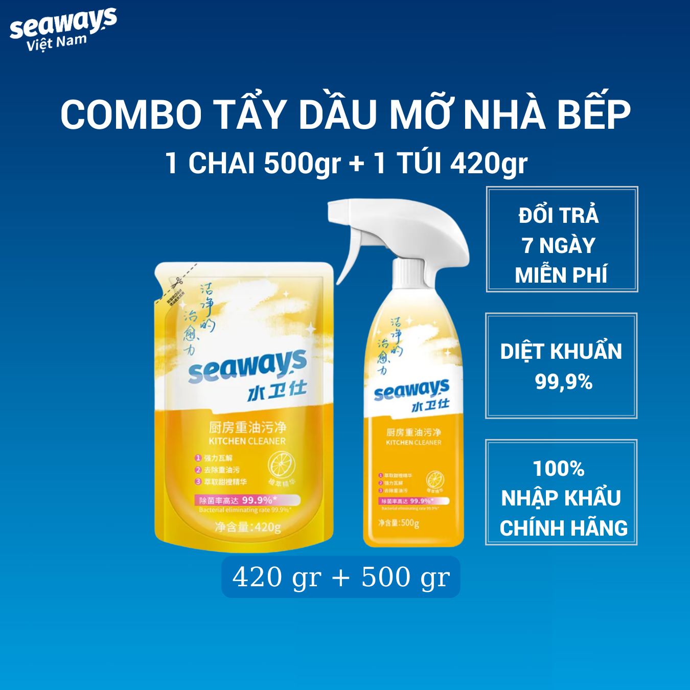 Tẩy Dầu Mỡ Vệ Sinh Nhà Bếp Seaways (Kitchen cleaner)/Xịt tẩy đa năng/ chai 500ml/ túi 420ml