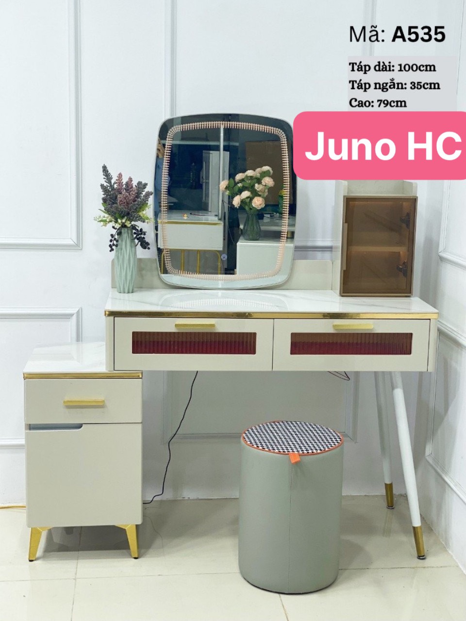 Bàn trang điểm HC Juno Sofa bọc da mặt kính gương led cảm ứng