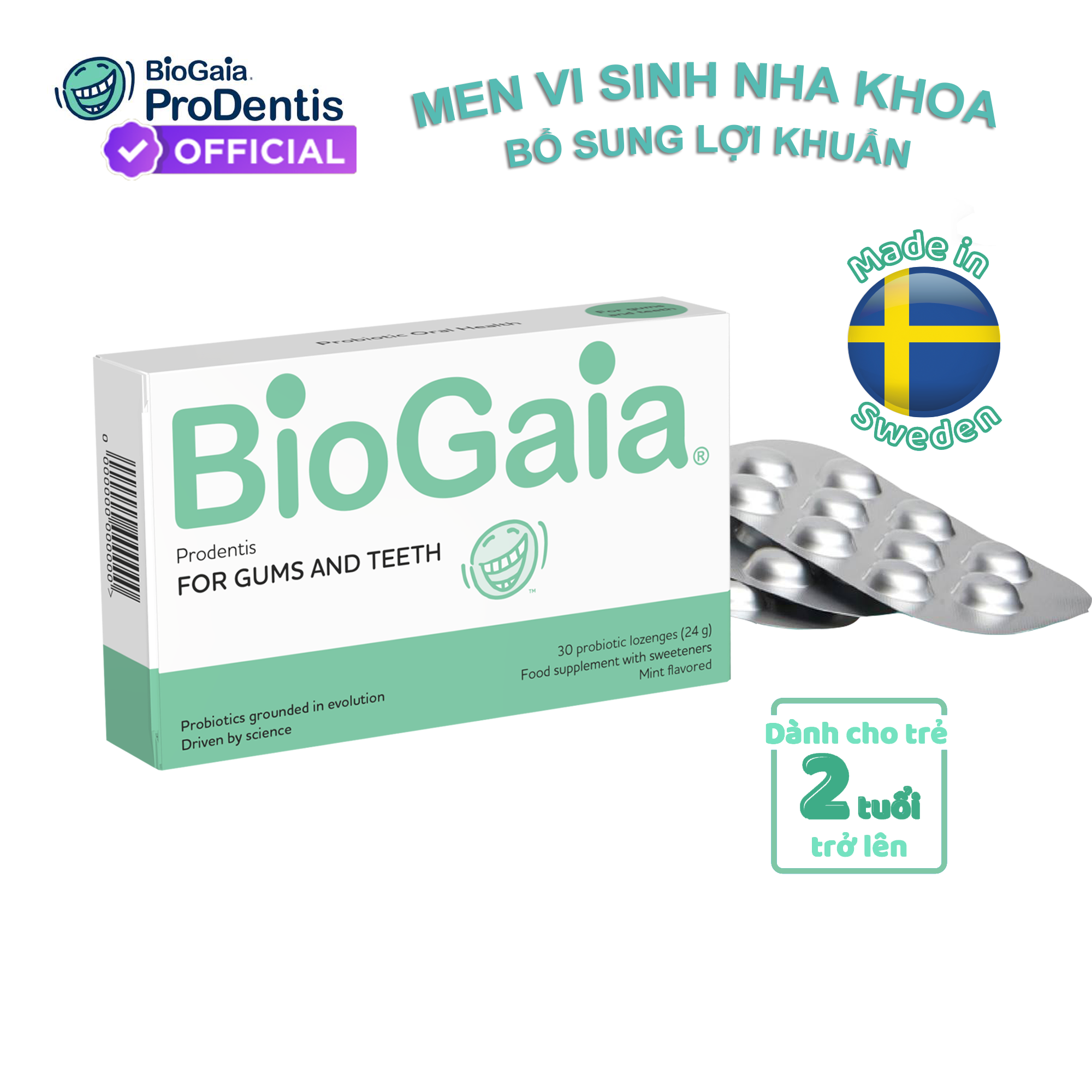 Viên ngậm men vi sinh nha khoa BioGaia ProDentis thơm răng miệng ngăn ngừa vi khuẩn mảng bám xuất xứ Thụy Điển hộp 30 viên