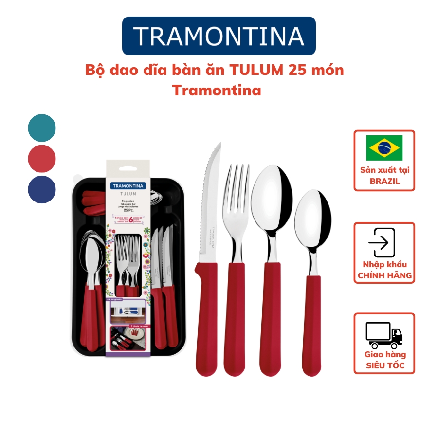 Bộ Dao Thìa Dĩa Bàn Ăn Tramontina TULUM 25 Món Kèm Khay Nhựa PP Sản Xuất Tại Brazil