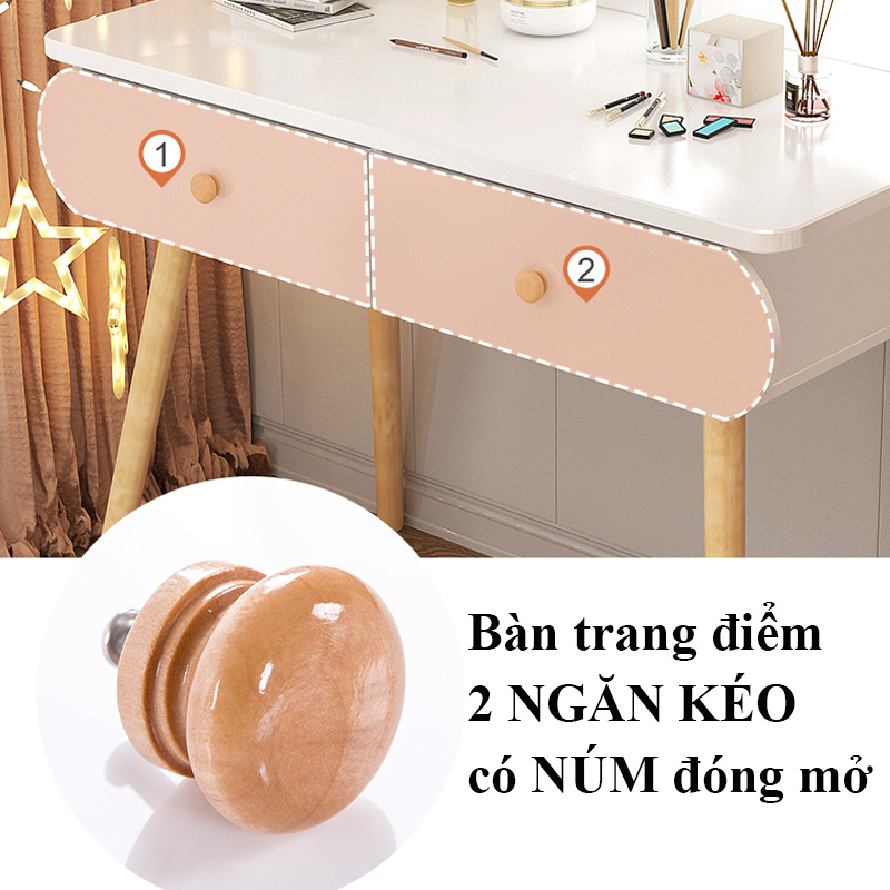 Bàn trang điểm gỗ HOLI (AK02) có gương LED, 2 ngăn kéo, phong cách hiện đại với hai màu vân gỗ, trắng