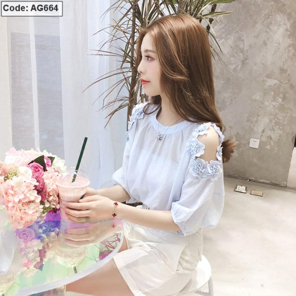 Áo Sơ Mi Nữ Vải Voan Hoa Nổi Trễ Vai AG664135