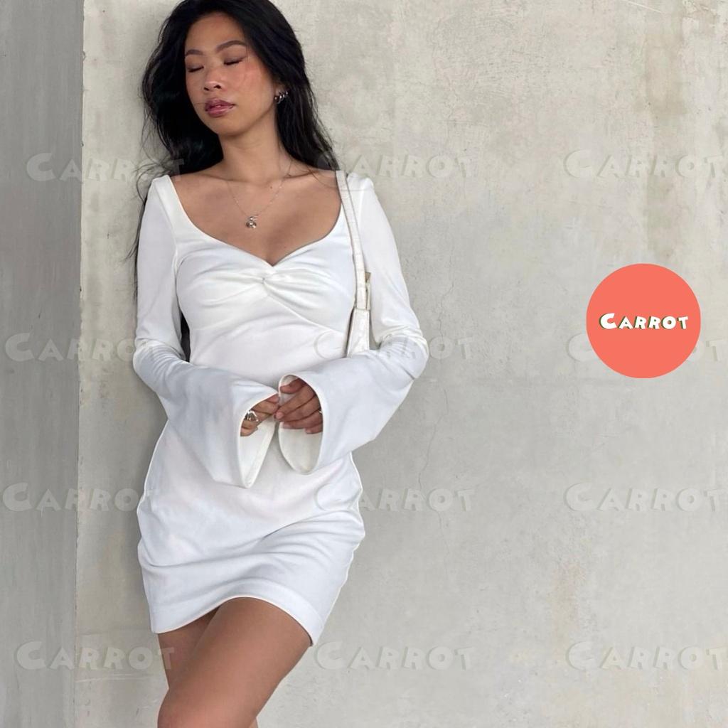 Đầm body trắng sexy tay dài dự tiệc váy dáng ôm khoét ngực soắn ngực chất thun co giãn tốt freesize carrotxinhdep
