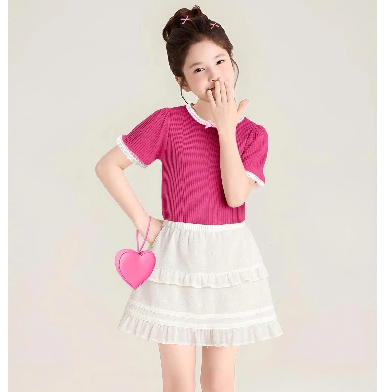 Set Áo Thun Gân Viền Ren Mix Chân Váy Xòe Bé Gái Dễ Thương Từ 12-36kg Dành Cho Bé Gái