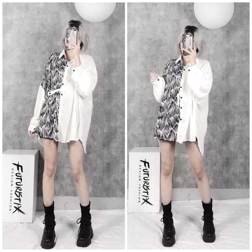 Sơmi White And Black Mix Nửa Thân, Áo sơ mi nữ form rộng phối lụa hàn họa tiết