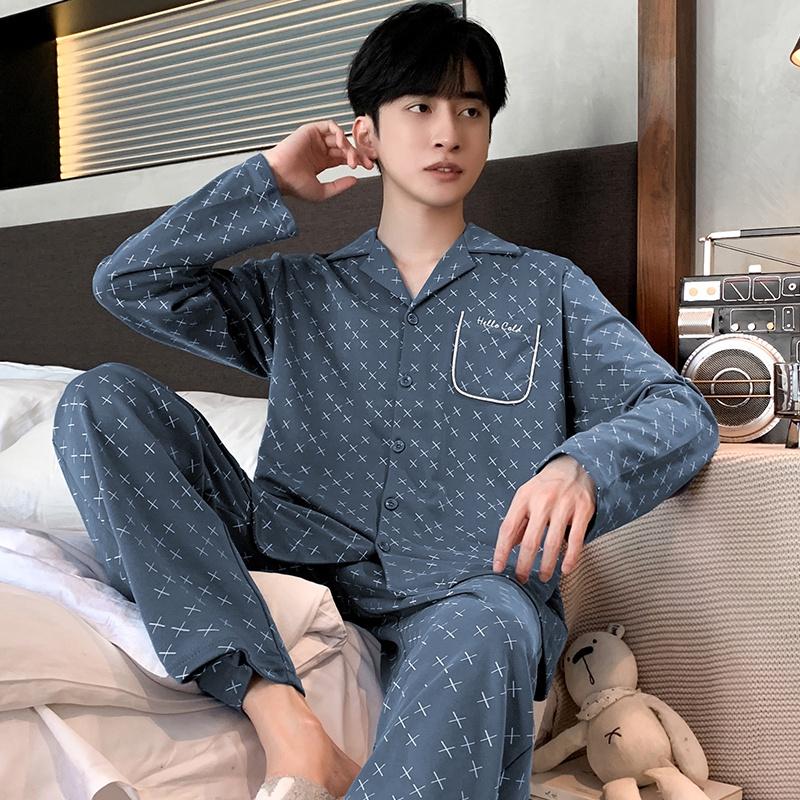 3678 - Bộ Pijama dài tay cao cấp, họa tiết chữ X nhí cùng tông xanh nam tính, size L-3XL
