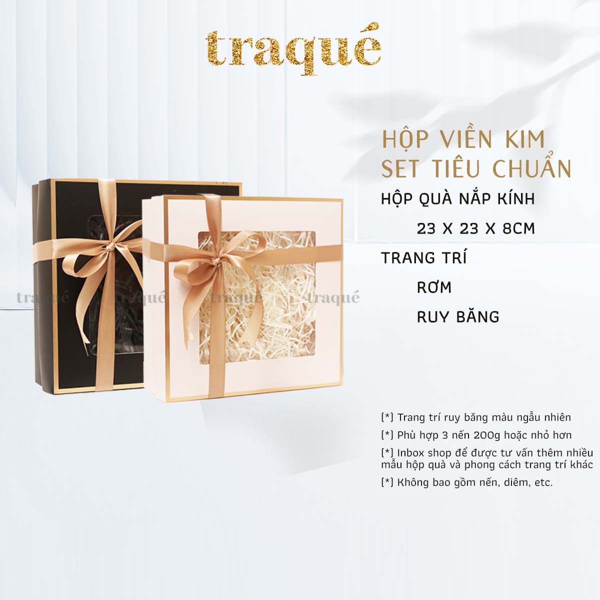 Hộp quà hình vuông viền kim vàng + giấy lót rơm & ruy băng gói quà tặng sinh nhật, tân gia