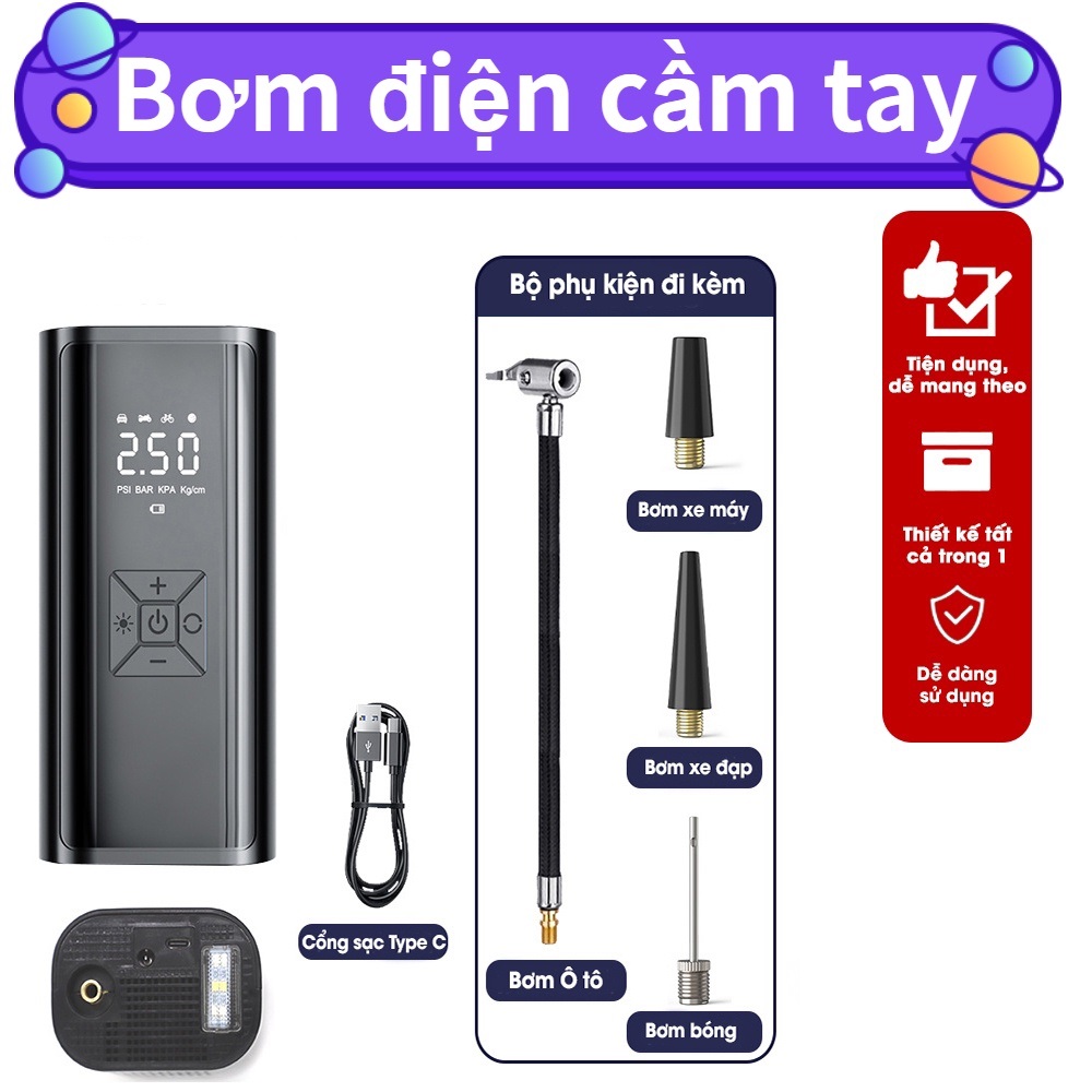 Bơm Lốp Ô Tô Mini Cầm Tay 7500mA Không Dây Sạc Pin Có Đèn Led Chiếu Sáng