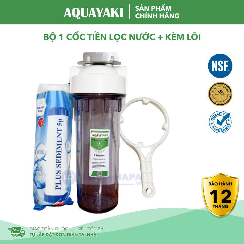 Bộ Tiền Lọc AQUAYAKI 1 Cốc + Kèm Lõi 10 inch, Bộ Lọc Thô Cao Cấp 5 Micron, Nước Sạch Cho Sinh Hoạt Gia Đình, Lọc Đầu Nguồn Nước, Lọc Nước Hồ Cá... 10in AQUA YAKI, Không Dùng Điện, Lắp Đặt &amp; Thay Lõi Đơn Giản - Hàng Chính Hãng