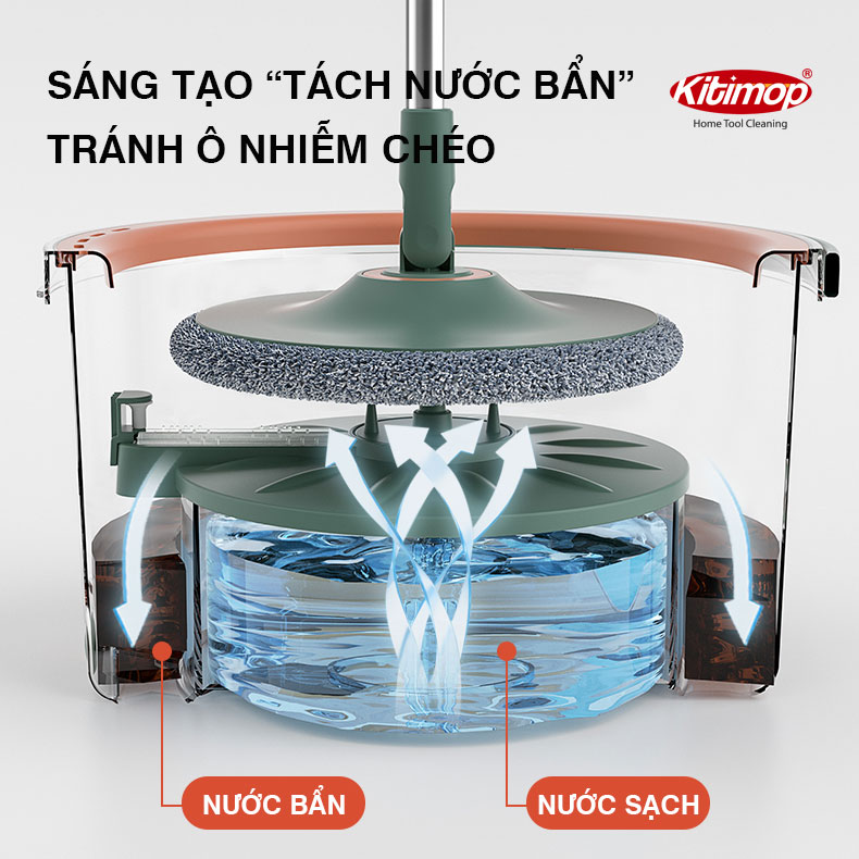 Bộ lau nhà tách nước bẩn Kitimop K22 Plus có thùng lau nhà tự vắt 2 ngăn riêng biệt, cây lau nhà 360 độ lau sàn làm sạch, bảo hành 12 tháng, 2 bông lau