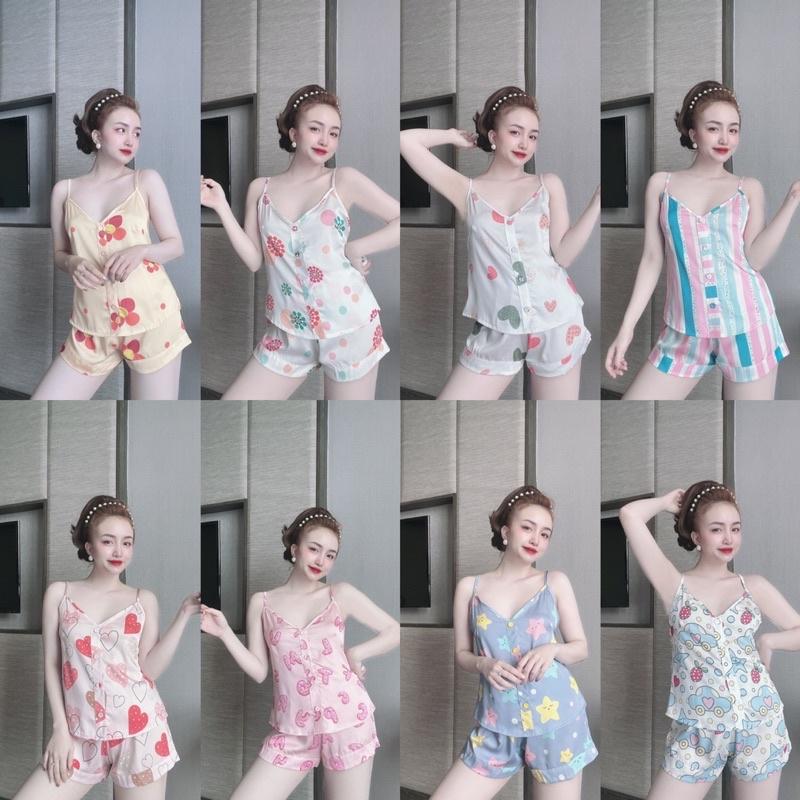 Đồ bộ set ngủ mặc nhà lụa latin 2 dây hoạ tiết freesize 42-57kg