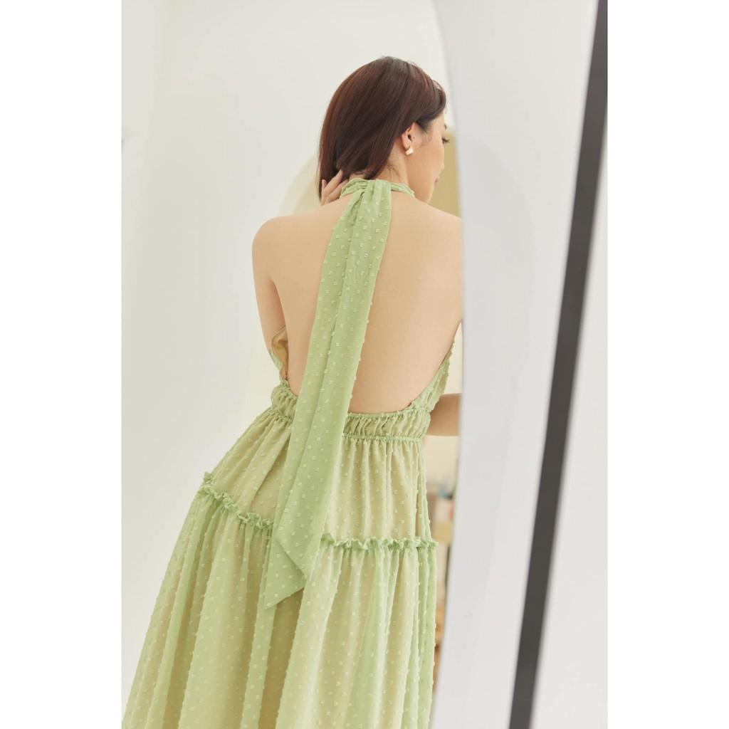 ĐẦM MAXI XANH MINT CỔ DÂY CỔ TRÒN HỞ LƯNG SAU DÁNG XÒE PHỐI BÈO TẦNG