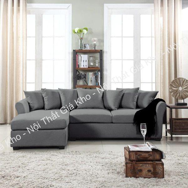 Sofa chữ l bọc vải bố màu ghi, ghi đậm